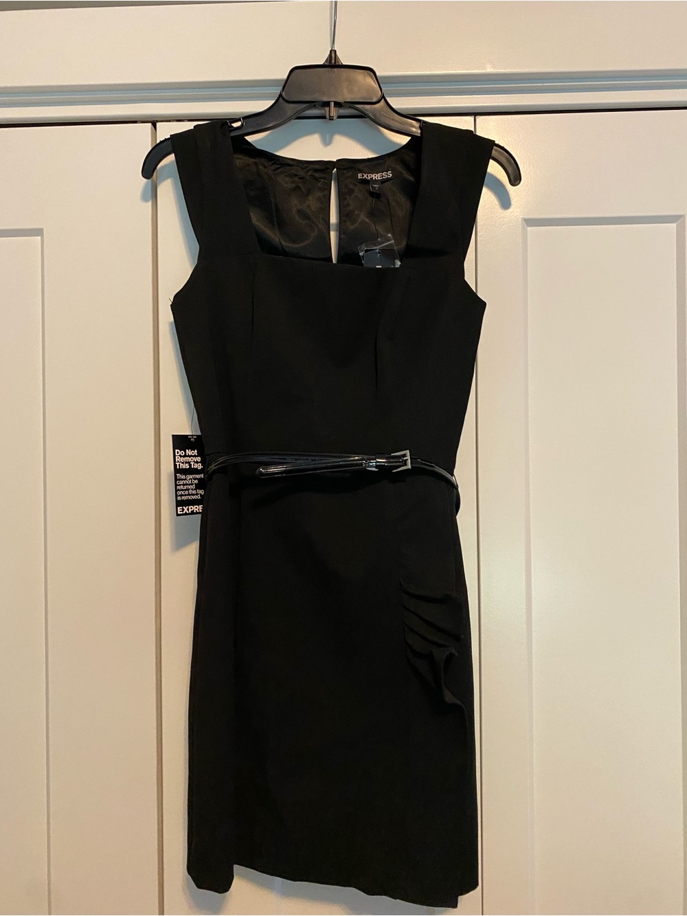 Express Black Square-Neck Sheath Dress with Slim Belt